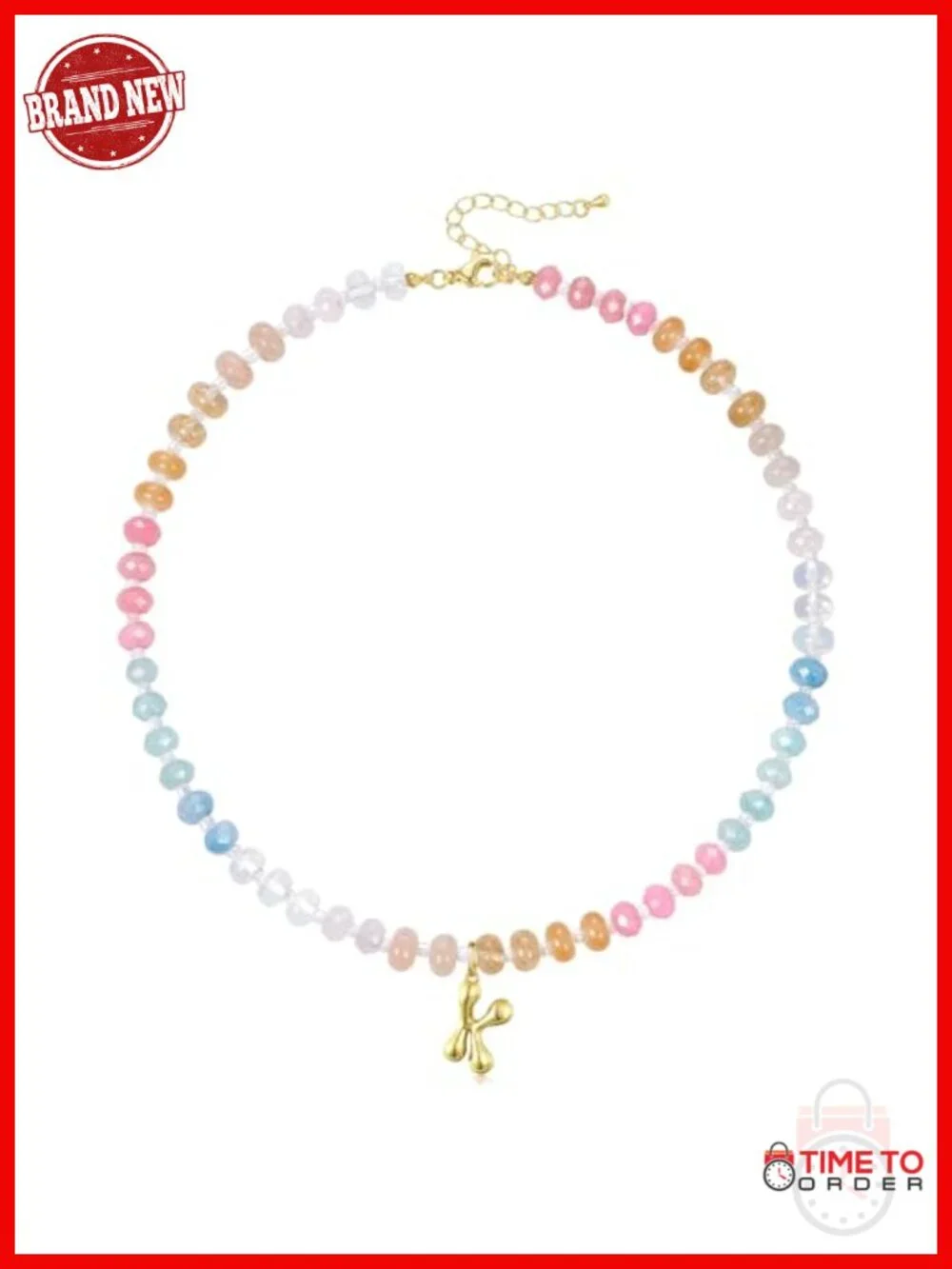 14K Gold Bubble Letter Pendant Necklace, Natural Stone Choker 16